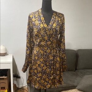 Lost + Wander Yellow and Black Long Sleeve Silk Dress NWT